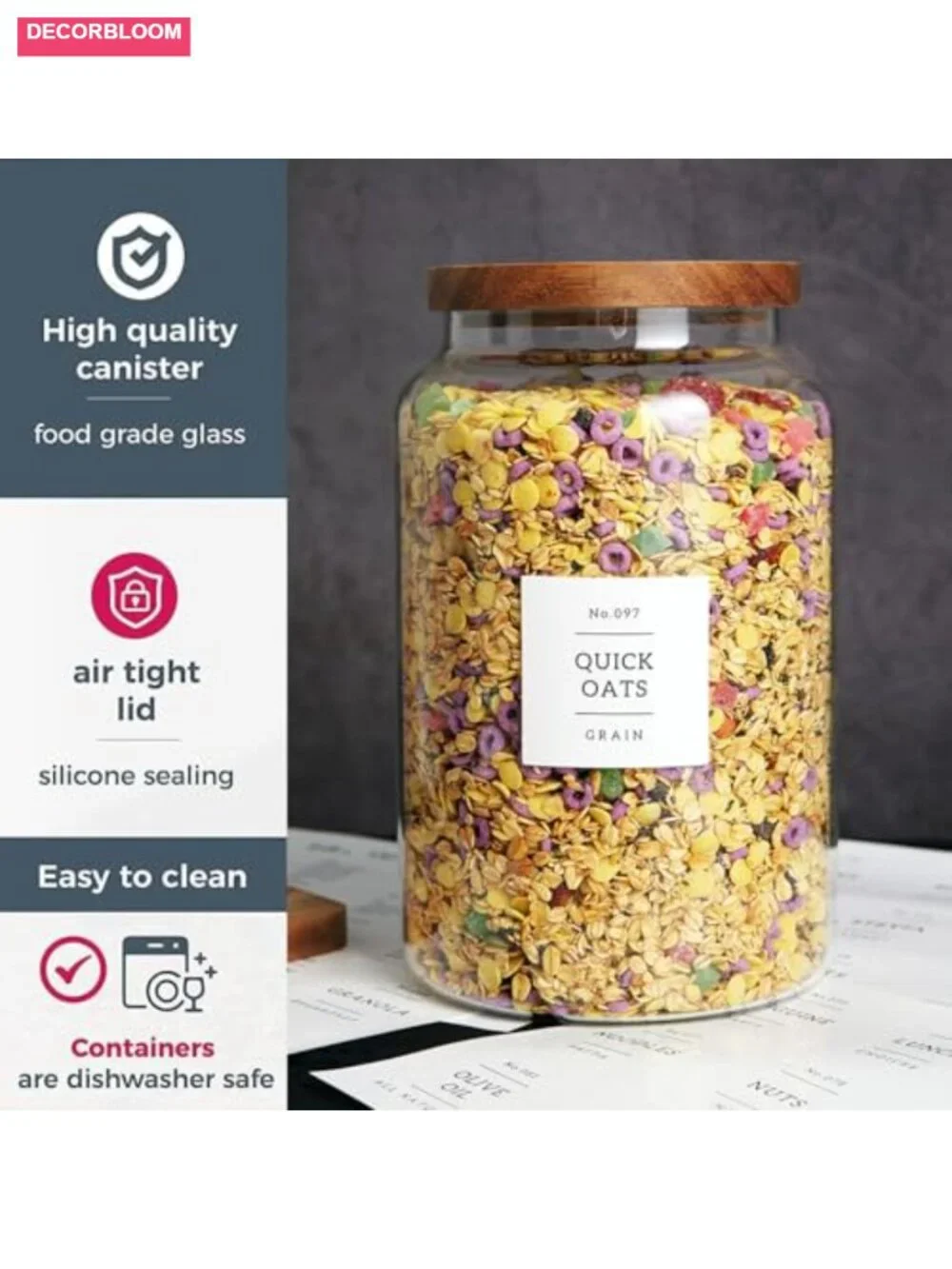 Set of 2 Large Glass Flour and Sugar Containers with 132 Pantry Labels, 1